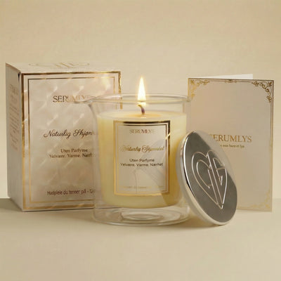 Naturlig skjønnhet body loation serum i et lys. Når man kjøper lyset får man med denne elsken med cateye 3D folie utenpå som gir en kul effekt, du får såklart med dette naturlige serumlyset med bare fantastiske ingredienser til kroppen, sølvlokket med hjertelig logoen på og en nydelig brosjyre med gullfolie og instrukser på hvordan lyset brukes og annen viktig informasjon om olje serum lyset. 