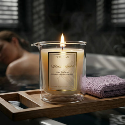 Hjemmespa med naturlige varme oljer. Duftlyset som smelter til næringsrike oljer man kan bruke på hele kroppen. Dette lyset passer perfekt for deg med sensitiv hud. Bilde viser stemningen hvor en dame har tatt seg en skikkelig hjemmespa dag på egent bad. Ved siden av lyset ligger våre bomulls vaskekluter i fargen lilla. 