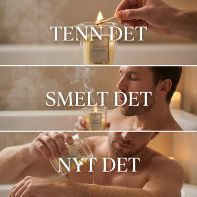 Naturlig hudpleie i glass med helletut. Et lys som skal tennes før en dusj eller et bad. Etter 15 minutter har lyset smeltet frem oljen, som helles på kroppen. Naturlige planteoljer som gir varme, ro og en spaopplevelse hjemme på eget bad. Oljene trekker raskt inn i huden og gir dyp fuktighet og glød. Oljene kan hjelpe mot irritert ut med sine antiflammatoriske egenskaper. Varmen og opplevelsen kan redusere stress. Håndlaget i norge.