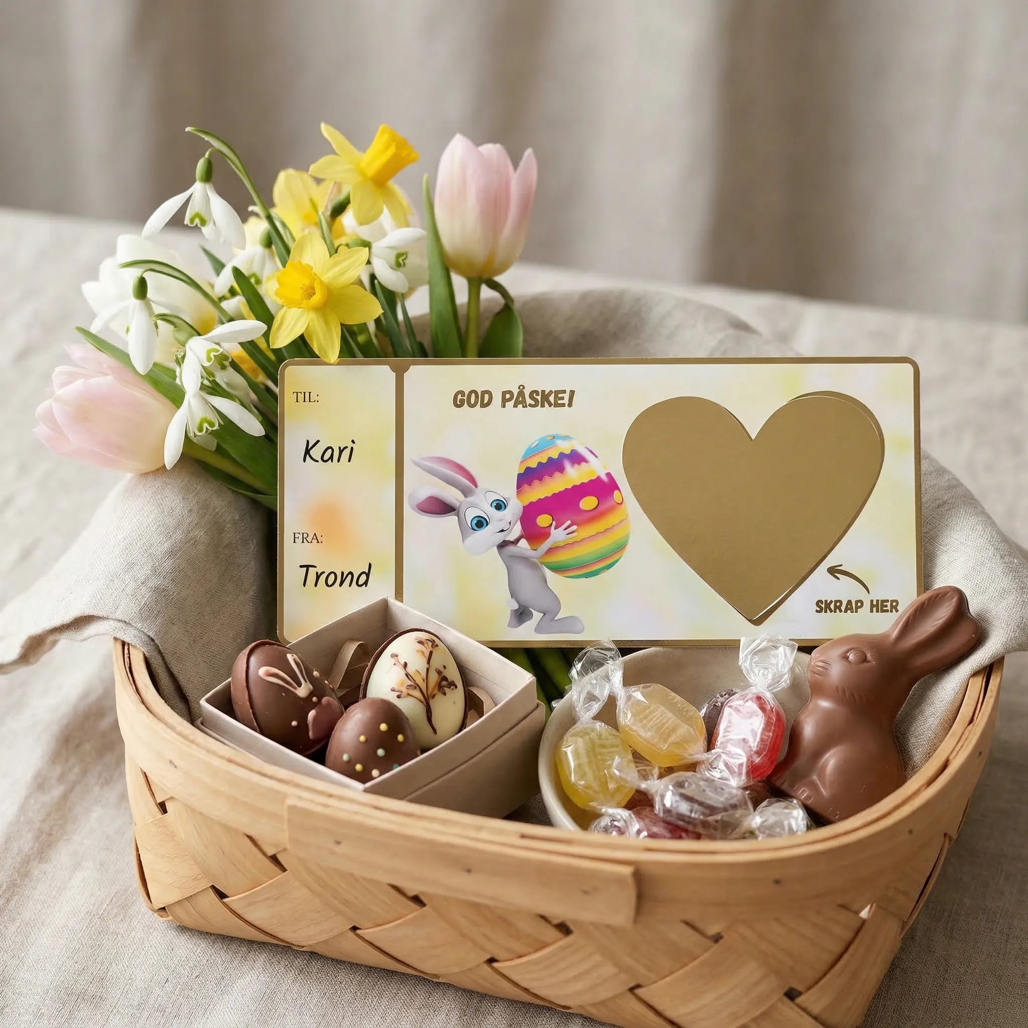 Kort til påske med et koselig design av en kanin med et påskeegg, og et skrapefelt der man skal skrape frem overraskelsen. Gullfolierte kanter med til og fra tekst. Et skrapefelt formet som et hjerte følger med kortet. Dette hjertet klistres over teksten du har skrevet inn på kortet La mottaker skrape frem gaven. Personlig og koselig.