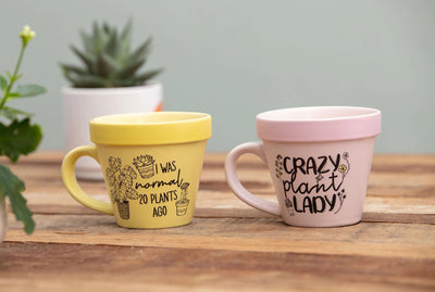 To kopper med hver sin humoristiske tekst. Koppene er formet som små potteplanter. Den gule har teksten I was normal 20 plants ago, og den rosa har teksten Crazy plant lady. Kopper med selvironi og humor. En flott gave til alle som er glad i planter, hagearbeid og det grønne liv.