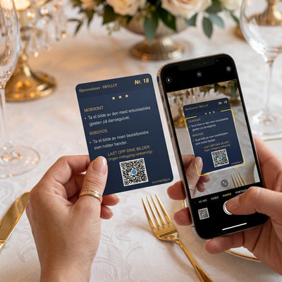 Et kort til bryllupet med qr kode. Kortet har to bildeoppgaver som gjesten skal ta. Deretter skanner gjesten koden og laster opp bildene sine. Alle bilder havner i et album til brudeparet.