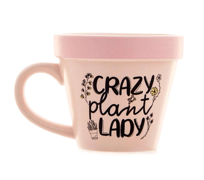 Rosa kaffekrus som ser ut som blomsterpotte med morsom tekst Crazy plant lady. Dettte er den perfekt gaven til alle som elsker planter og hagestell. En selvironisk kopp med en god dose humor.