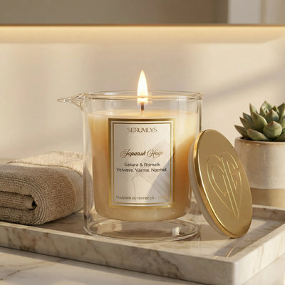 Naturlig kroppsoljer smeltet i et lys. Varme, nærhet og egenomsorg til noen som trenger å ta vare på seg selv. Fantastisk bryllupsgave, eller en motivasjon til å finne tid til seg selv i en hektisk hverdag. Serumlyset står her tent på badet, sammen med en vaskeklut. Duften av Sakura og Rismelk starter å fylle rommet og snart er det smeltet nok olje til å smøre inn kroppen. 