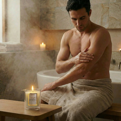 Pleiende serumlys kroppsolje i bruk. En mann som nettopp har kommet ut av badekaret. Lyset er smeltet og nå er han klar for å helle varme deilige næringsrike oljer på kroppen. En spa opplevelse hjemme på ditt egent bad! Egenkjærlighet med bare næringsrike gode oljer til kroppen. Spaopplevelse hjemme på ditt egent bad! Premium norsk hudpleie skincare av høyeste kvalitet. Håndlaget i Norge. Ingen masseprodusering. Unn deg selv kun det beste! 