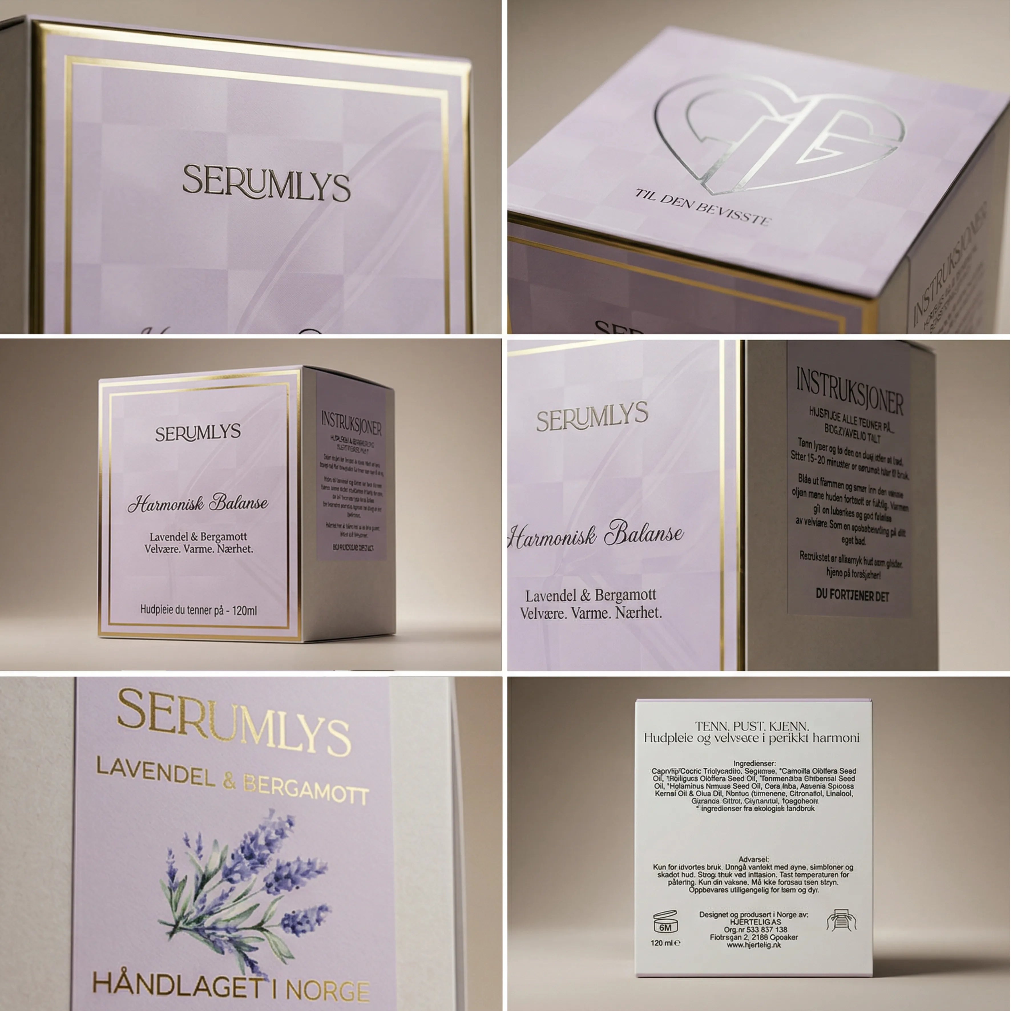 Eske til Serumlys med lavendel og bergamott. Håndlaget kosmetikk fra Norge med pleiende ingredienser. Et lys som gir kroppen pleie og en luksuriøs spa opplevelse hjemme på eget bad. Produktesken har elegante gulldetaljer med instruksjoner og ingredienser på siden og bak esken.