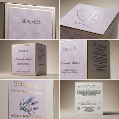 Eske til Serumlys med lavendel og bergamott. Håndlaget kosmetikk fra Norge med pleiende ingredienser. Et lys som gir kroppen pleie og en luksuriøs spa opplevelse hjemme på eget bad. Produktesken har elegante gulldetaljer med instruksjoner og ingredienser på siden og bak esken.