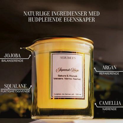Serumlyset som viser egenskapene til noen av ingrediensene. Jojoba som balanserer, Argan som reparerer, Squalane som gir fuktighet og camellia som gir næring.