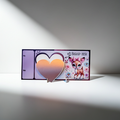 Et nydelig bursdagskort hvor man kan skrive inn hva man ønsker å gi bort i hjertet, så klistrer man på skrape-klistremerke over teksten man har skrevet. Den som får kortet må så skrape fram gaven eller beskjeden. En morsom måte å gi bort en helt spesiell gave på. Dette kortet har lilla folie på seg og et nydelig søtt design. Skriv hvem gaven er til og fra på siden av kortet. 