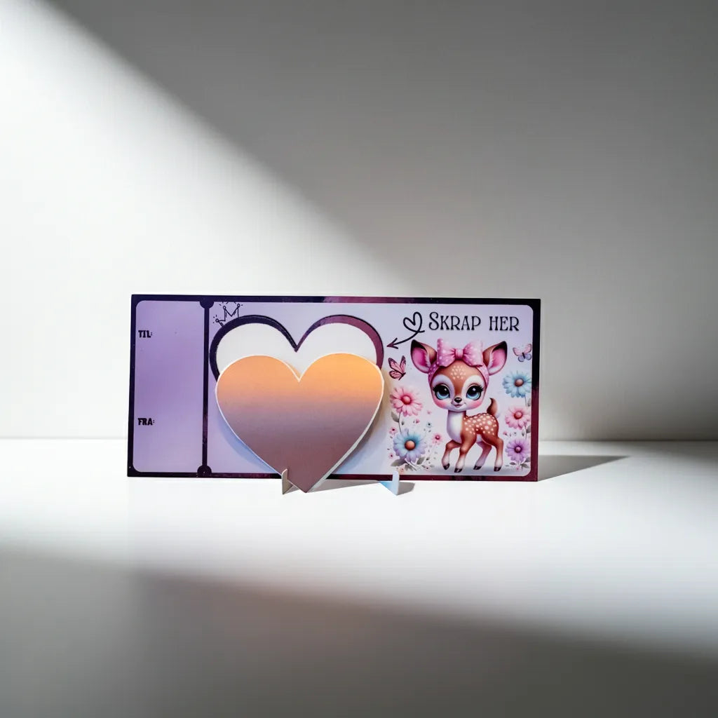Et nydelig bursdagskort hvor man kan skrive inn hva man ønsker å gi bort i hjertet, så klistrer man på skrape-klistremerke over teksten man har skrevet. Den som får kortet må så skrape fram gaven eller beskjeden. En morsom måte å gi bort en helt spesiell gave på. Dette kortet har lilla folie på seg og et nydelig søtt design. Skriv hvem gaven er til og fra på siden av kortet. 