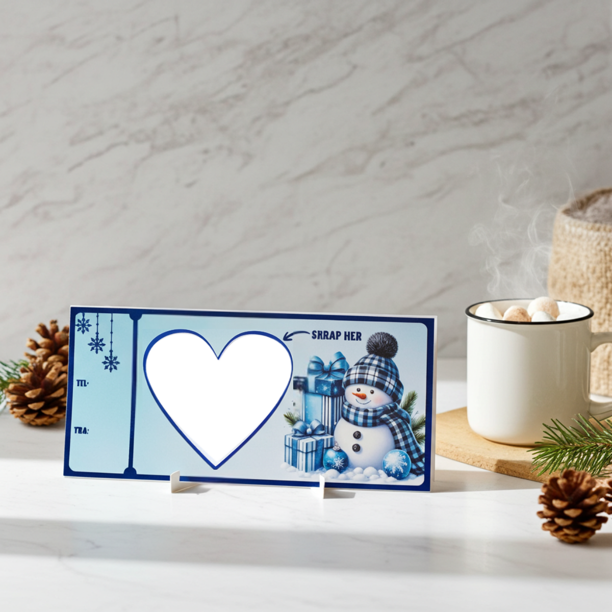 Skrape /flakslodd med snømann og julegaver. Dette kortet har et hvit hjertet i midten. Her skal man skrive hva man ønsker å gi bort i julegave. Kanskje en opplevelse? En reise? Frisørtime? Spadag? Kinobilletter? Her er det bare fantasien som setter en stoppe. Når gaven ikke kan gies fysisk på julaften er dette en morsom og fin måte å gi overraskelsen på. Her skriver man inn hva man ønsker å gi bort, så plasserer man skrapehjertet over teksten. Så må den som får jule gaven skrape fram overraskelsen. 