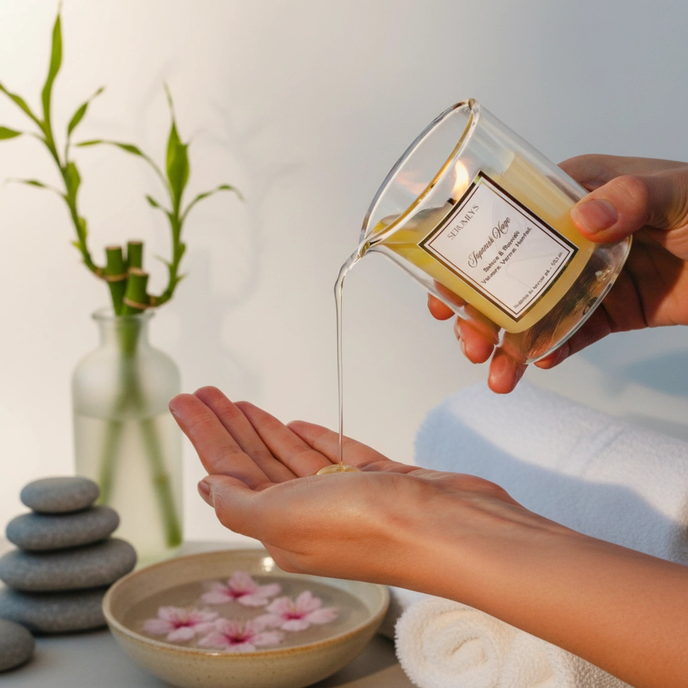 Japansk hage serum olje lys til krppen i et nydelig glass med ettikett og gull-detaljer. Lyset er tent så oljene får smelte til et varmt herlig oljeserum til kroppen. Pleiende naturlige ingredienser og ro i sjelen. Lokket er tatt av lyset og er i gullfarge med vår logo på. Stemning, ro og pleie. Unikt og lukseriøst. 