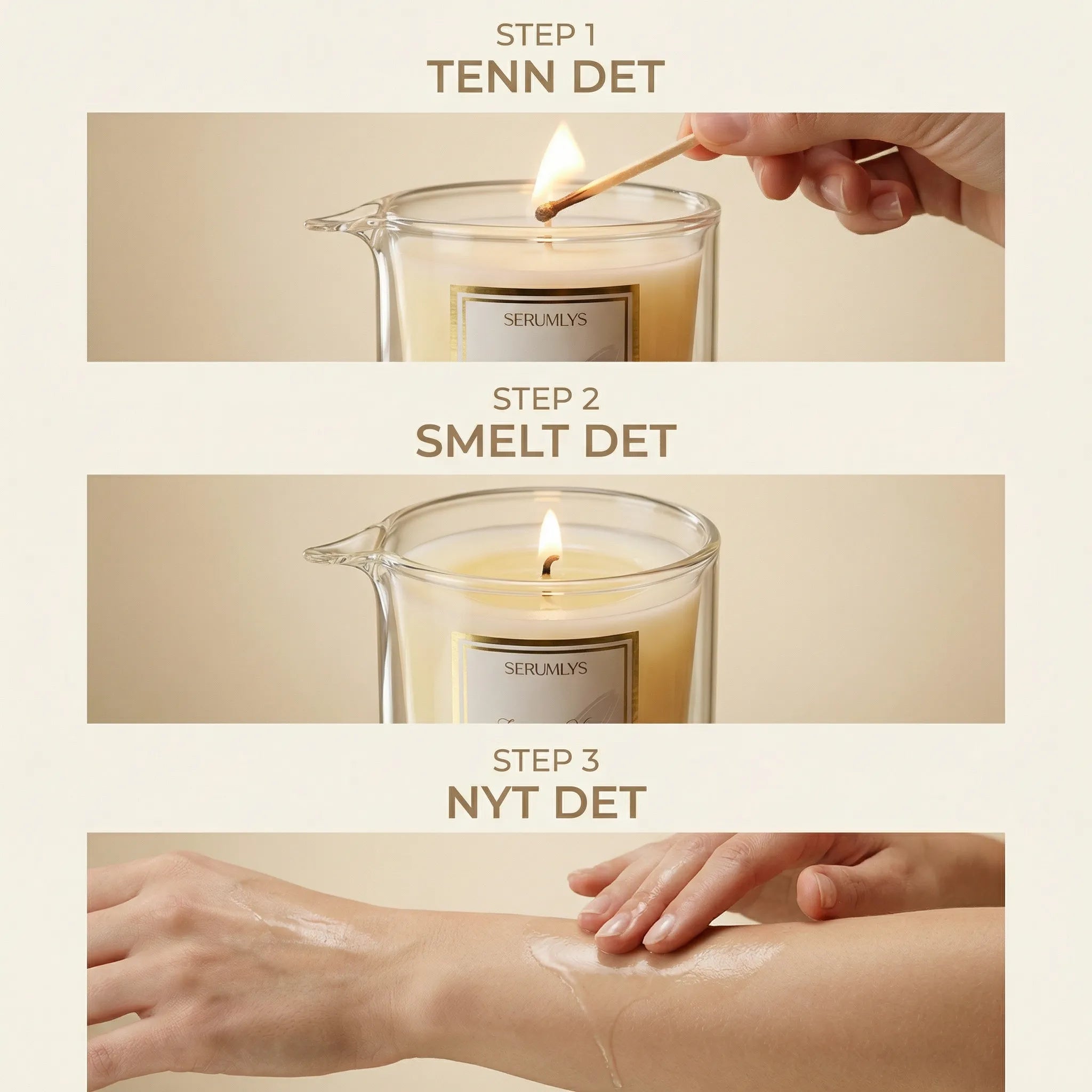 Serum lys er et naturlig hudpleie produkt for kroppen. Varme oljer som smelter og gir kroppen ny næringsrik pleie og ro. Ikke bare er dette lyset laget av naturlige planteoljer til kroppen, den gir også en opplevelse. Den får kroppen til å slappe av og lade batteriene. Varme, nærhet, egenpleie, egenomsorg og det å bare være tilstede i øyeblikket. Dette er noe som må prøves! Sett av tid til DEG! Du fortjener det!Her er en forklaring på hvordan serumlyset skal brukes. 