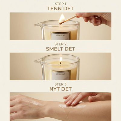 Serum lys er et naturlig hudpleie produkt for kroppen. Varme oljer som smelter og gir kroppen ny næringsrik pleie og ro. Ikke bare er dette lyset laget av naturlige planteoljer til kroppen, den gir også en opplevelse. Den får kroppen til å slappe av og lade batteriene. Varme, nærhet, egenpleie, egenomsorg og det å bare være tilstede i øyeblikket. Dette er noe som må prøves! Sett av tid til DEG! Du fortjener det!Her er en forklaring på hvordan serumlyset skal brukes. 