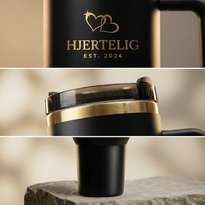 Drikkeflaske som holder favoritt drikken din bårde kald og varm over lenger tid. Denne termokoppen har gull kant og gull logo noe som gjør at den skiller seg ut fra andre termokopper med sine nydelige detaljer. På bilde kan man se nærbilde av tumbleren fra flere vinkler. 