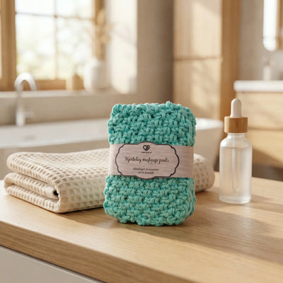 Pads til å fjerne sminke. Makeup pads fra Hjertelig. Håndlaget av mamma. Strikket i 100 prosent bomull for sensitiv hud. Gjennbruk bar. Vaskes på 60 grader i vaskemaskinen. Hver pakke inneholder 4stk kluter. 