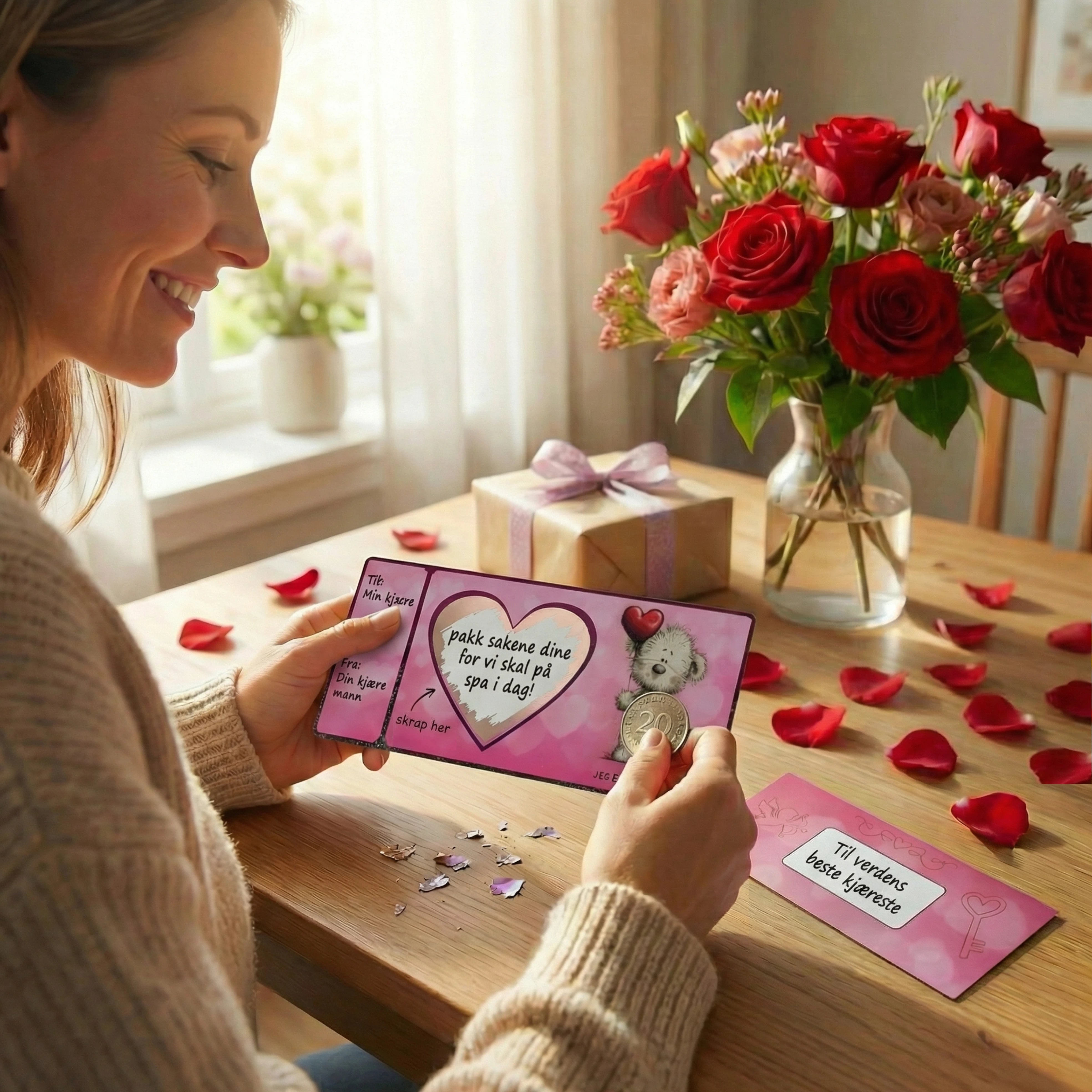 Valentineskort med en vri. Her må man skrape fram valentines overraskelsen. Enten om det er en gave, en opplevelse eller kanskje et dikt? Uansett så er dette et kort som skaper gode minner og en unik måte å gi bort noe helt spesielt til kjæresten sin den 14 februar. Damen på bilde har her skrapt fram at hun må pakke sakene sine for i dag skal de på spa. 