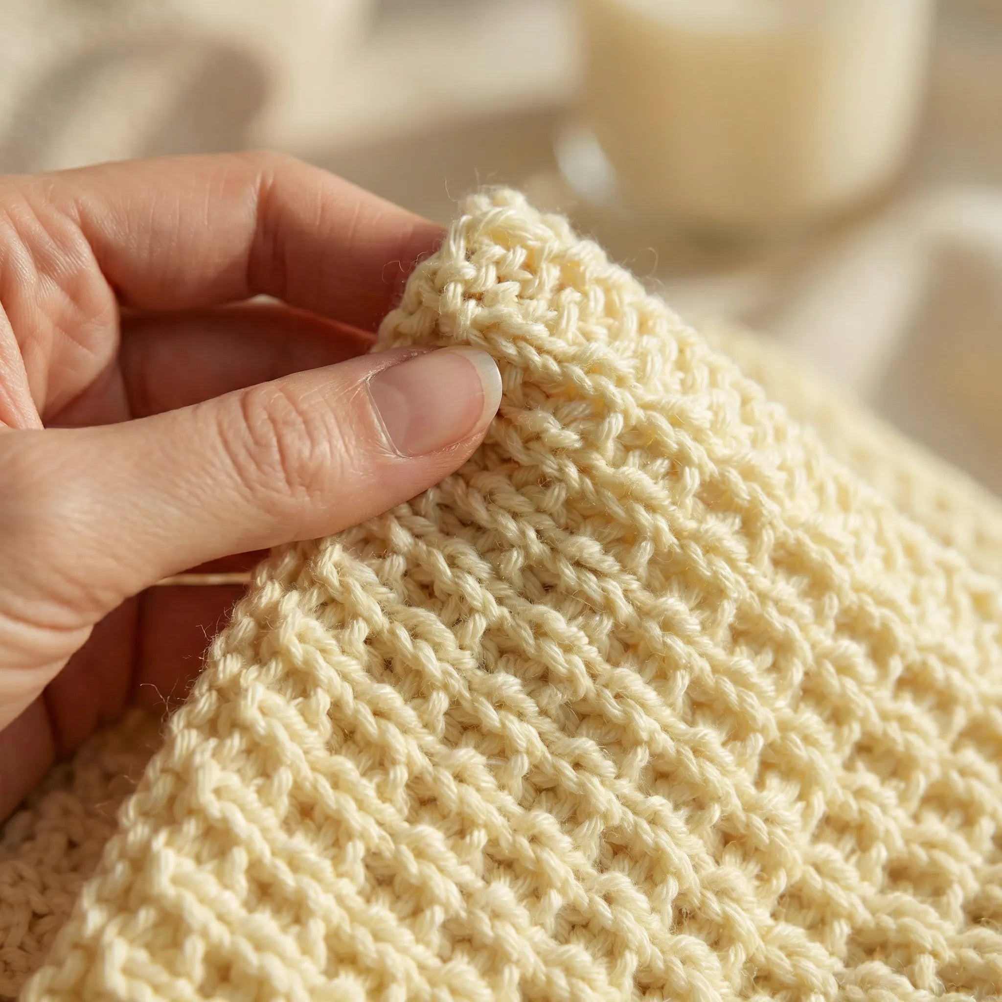 Håndstrikket vaskeklut i gul farge. Detaljebilde av mønsteret og fargen. Disse klutene er strikket av mamma og er en perfekt gave til noen du er glad i. De er også supre for de med sensitiv hud, og kan brukes om og om igjen da de bare er å vaske i vaskemaskinen. 