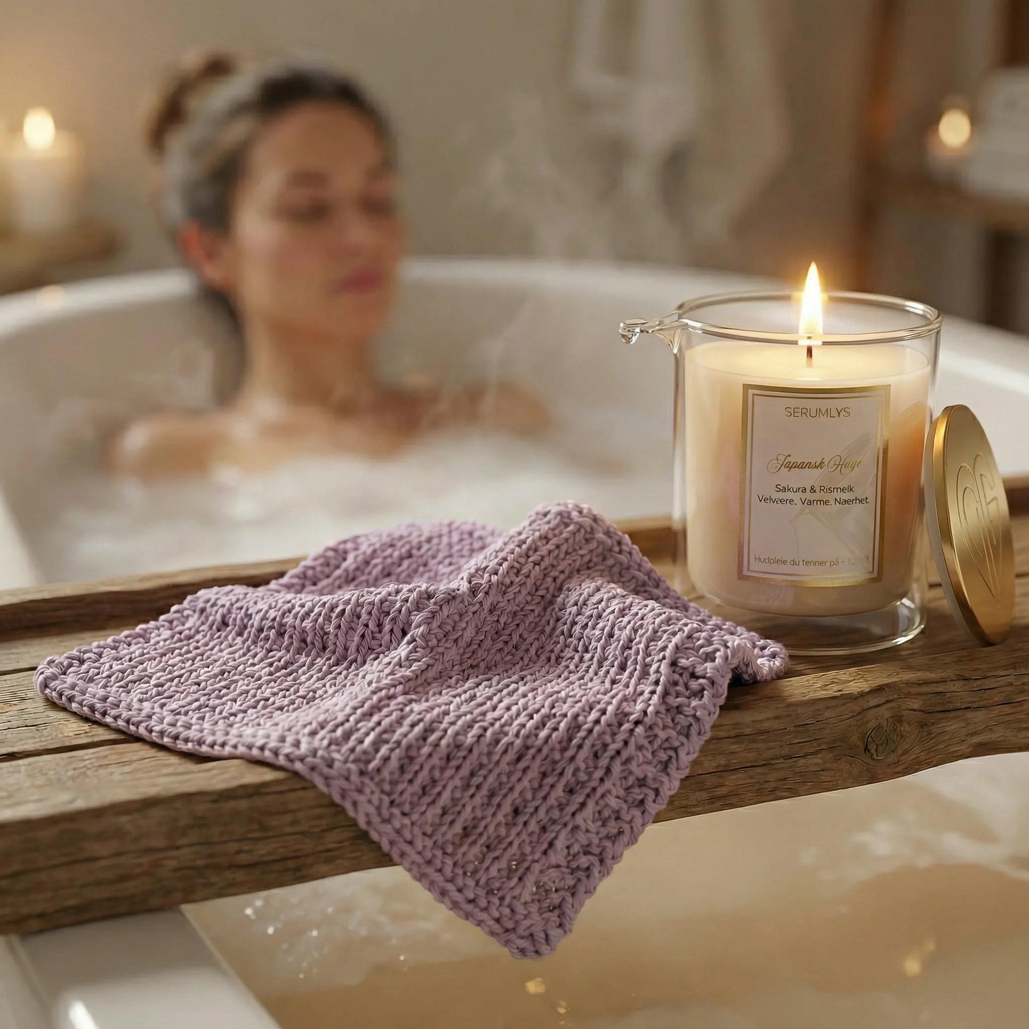 Vaskeklut i fargen lilla i bruk. Her ligger den vesidenav et av våre serumlys. Lyset er tent og den lilla vaskekluten i bomull liker vesidenav. I bruk mens det ligger en dame i badekaret. Kluten og lyset står på et et badekar brett i re. 