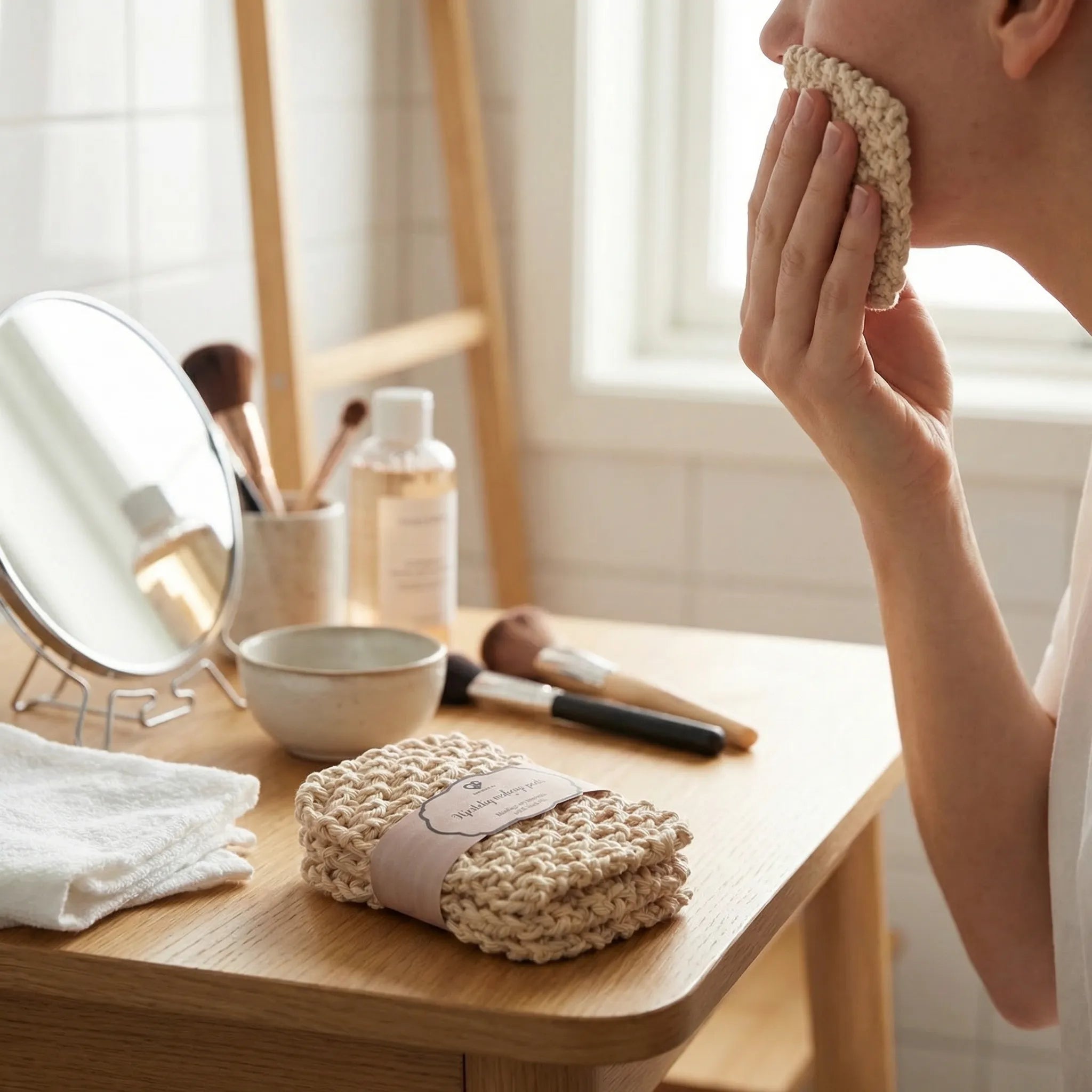 Ansiktskluter i bruk av en dame. Hun vasker bort sminken sin med disse fantastiske makeup padsene som er håndstrikket av mamma. Disse kan brukes om og om igjen. Vaskes på 60 grader i vaskemaskinen. Denne varianten er mørke lilla, men man kan også velge mellom 8 andre farger. Finn din favoritt. For sensitiv hud. 