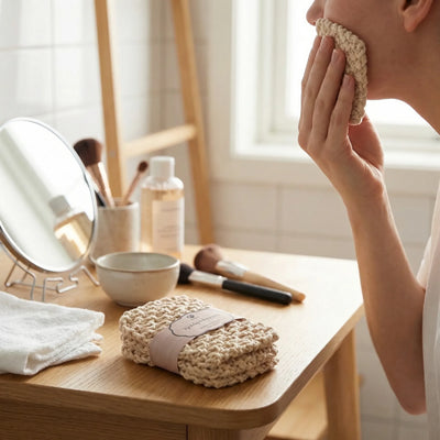 Ansiktskluter i bruk av en dame. Hun vasker bort sminken sin med disse fantastiske makeup padsene som er håndstrikket av mamma. Disse kan brukes om og om igjen. Vaskes på 60 grader i vaskemaskinen. Denne varianten er mørke lilla, men man kan også velge mellom 8 andre farger. Finn din favoritt. For sensitiv hud. 