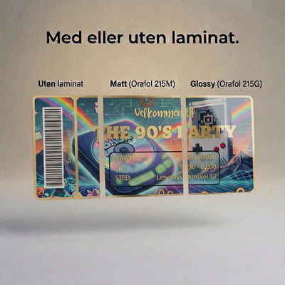 Invitasjonskort til 90 talls fest, som viser kortet med eller uten laminat. Håndlages i Norge. Velg mellom flere farger folie, og skriv inn teksten du ønsker på kortene.