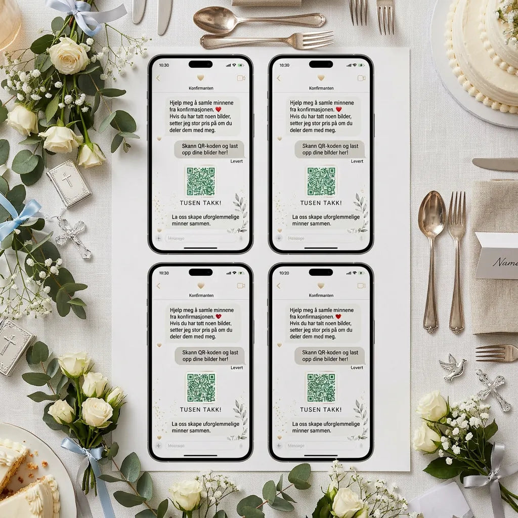 konfirmasjonskort med qr kode til digitalt bildealbum. Kortene er designet som en mobiltelefon der konfirmanten har skrevet meldinger til gjestene. Telefonen har en grønn qr kode gjestene kan skanne for å dele bildene fra konfirmasjonen. Alle bilder havner i et bildealbum til konfirmanten.
