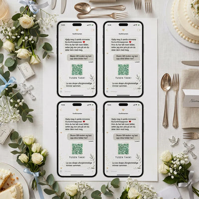 konfirmasjonskort med qr kode til digitalt bildealbum. Kortene er designet som en mobiltelefon der konfirmanten har skrevet meldinger til gjestene. Telefonen har en grønn qr kode gjestene kan skanne for å dele bildene fra konfirmasjonen. Alle bilder havner i et bildealbum til konfirmanten.