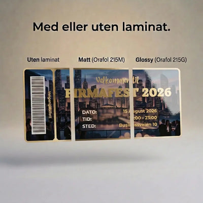 Invitasjon til firmafest som viser hvordan kortet ser ut med og uten laminering. Laminering gir kortet en ekstra elegant stil, samt at det beskytter kortet mot riper og andre skader. Lamineringen tåler UV stråler og utendørs bruk opp til 5 år. Kortene håndlages i Norge