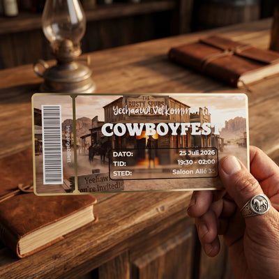 En invitasjon til cowboyfest eller arrangement, Kortene er designet som en inngangsbillett med strekkkode. Rammen og tekst er foliert. Velg din egen tekst og fargen du ønsker å folieringen. Kortene kan også lamineres i matt eller glossy. Håndlaget og en skikkelig kul måte å invitere til ditt arrangement.