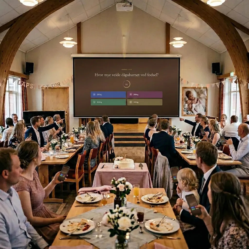 En quiz på storskjerm i barnedåp. Spørsmål som spør gjestene hvor godt de kjenner dåpsbarnet. Quiz er en del av Hjerteminner. Det er et digitalt album med bilder fra gjestene, som gir underholdning gjennom hele festen.
