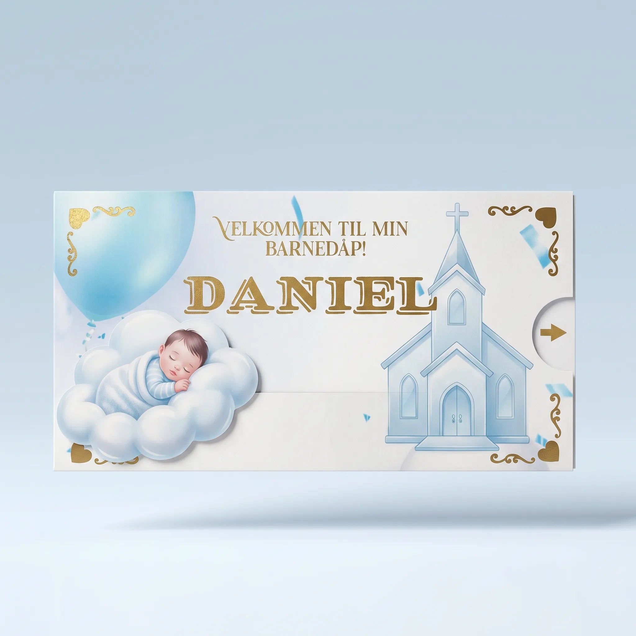Dåpsinvitasjon til gutt med navn og tekst. Dra i pilen og se babyen sveve til kirken. Når barnet er ved kirken så avsløres alle detaljene om dåpsdagen med sted, tid, dato og annen tekst du selv ønsker. En interaktiv og eksklusiv dåpsinnbydelse som håndlages i Norge. Alle invitasjoner kan lamineres i matt eller glossy laminat.