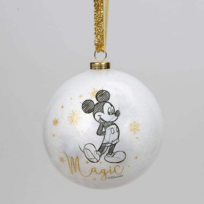 Disney julekule med Mikke mus. Julekulen er i hvit farge med gullskrift der det står Magic. Snøre i gull med glitter.