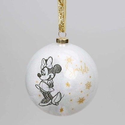 Disney julekule med Minni mus. Hvit julekule med skriften Sparkle i gull og gullstjerner rundt. Snøre er i gull med glitter. Minni Mus er tegnet illustrasjon på den hvite julekulen. Disney magi på juletreet med flotte gulldetaljer. 