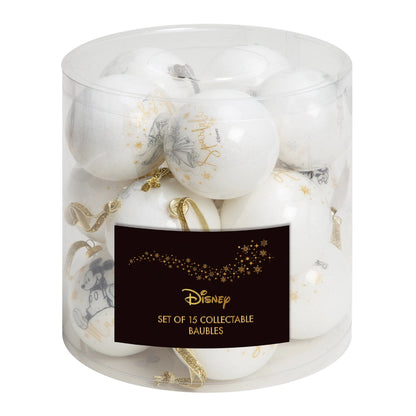 En pakke med 15 Disney julekuler. Alle julekulene er hvite med tegnet illustrasjonsbilder av våre favoritt karakterer fra Disney. Fyll juletreet med nydelige disney julekuler med gullfarget henge bånd. 