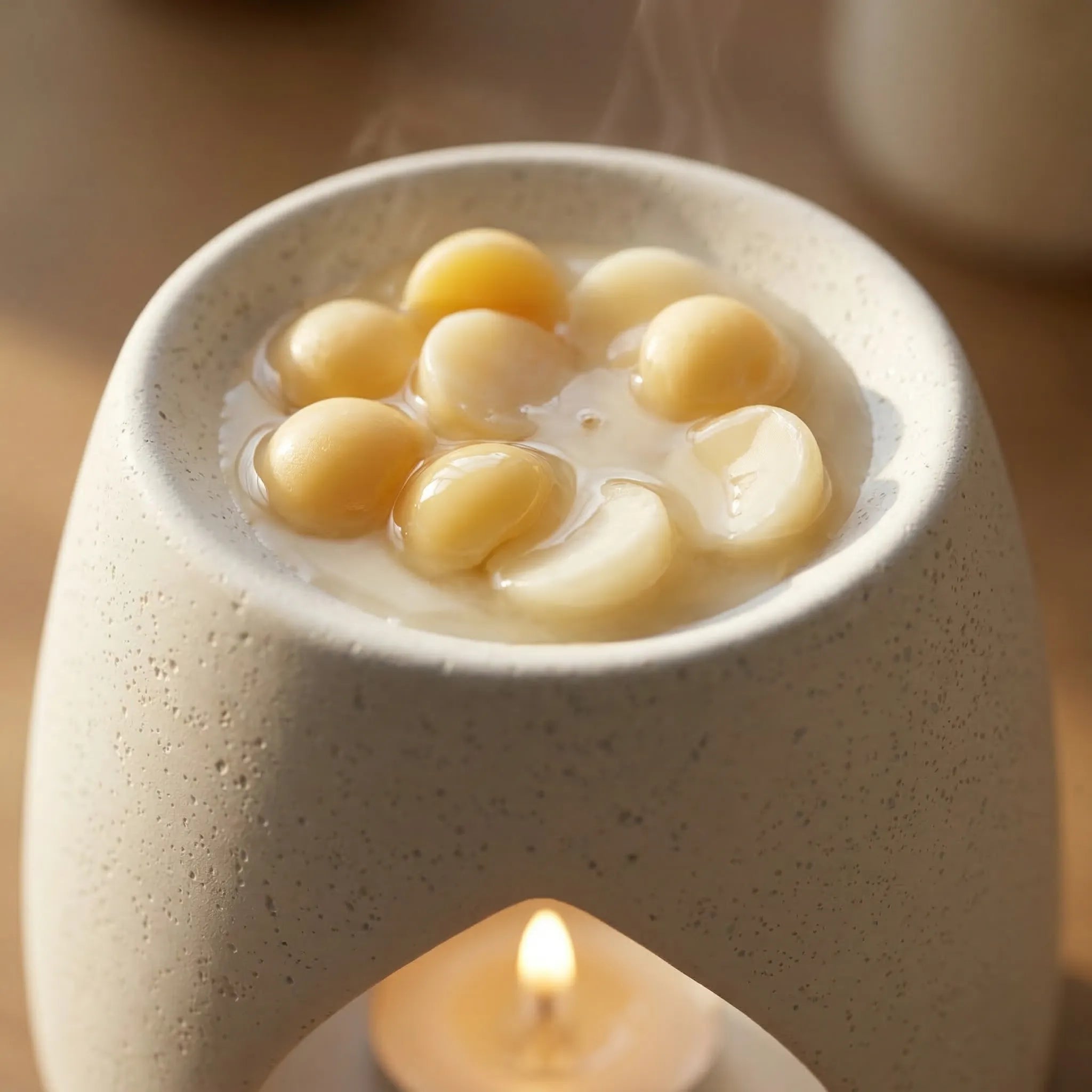 Duftvoks med kremet vanilje duft smelter i en duftbrenner med telys. Når voksen smelter, så sprer duftbrenneren duften ut. rommet. Håndlaget duftvoks med soyavoks og bivoks.