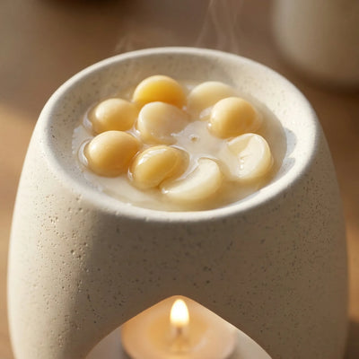 Duftvoks med kremet vanilje duft smelter i en duftbrenner med telys. Når voksen smelter, så sprer duftbrenneren duften ut. rommet. Håndlaget duftvoks med soyavoks og bivoks.