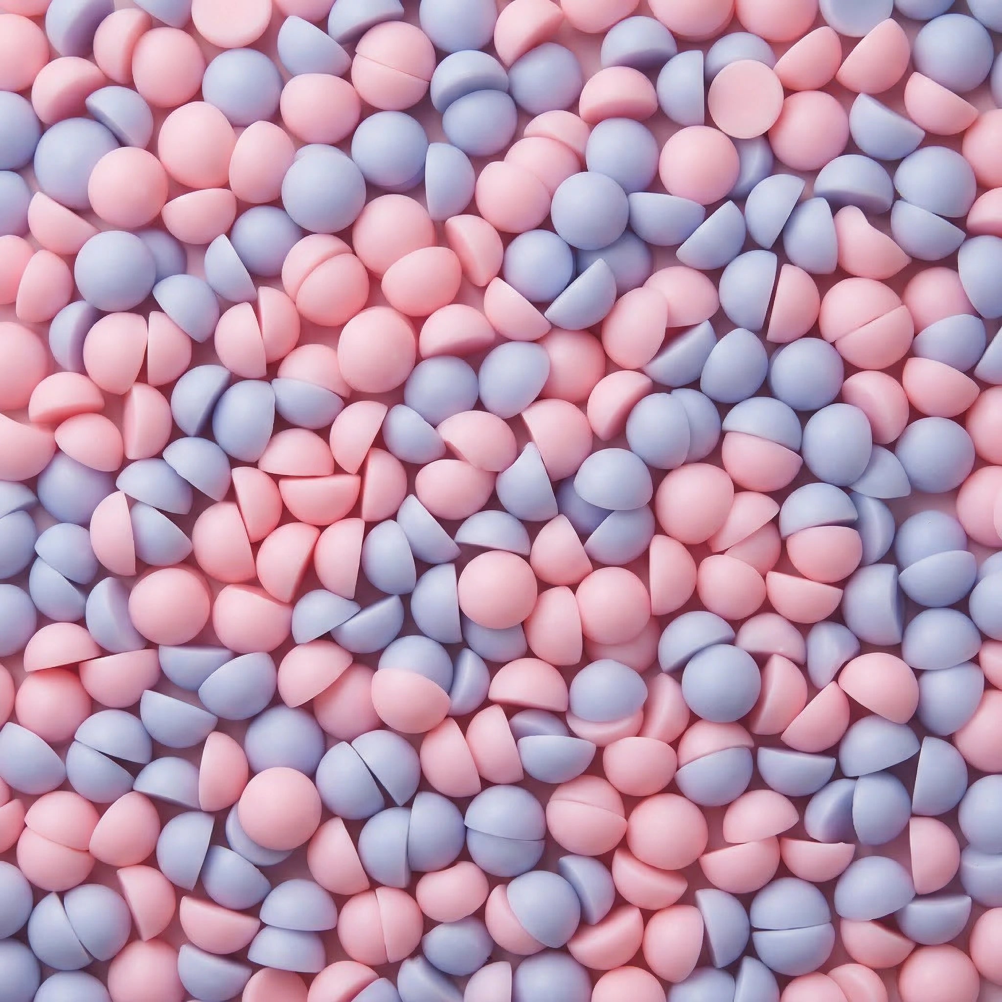 Et nærbilde av små duftvokskuler i lys rosa og lys blå farge. Duftvoksen er laget med bivoks og soyavoks og lukter sukkerspinn. Håndlaget i Norge.