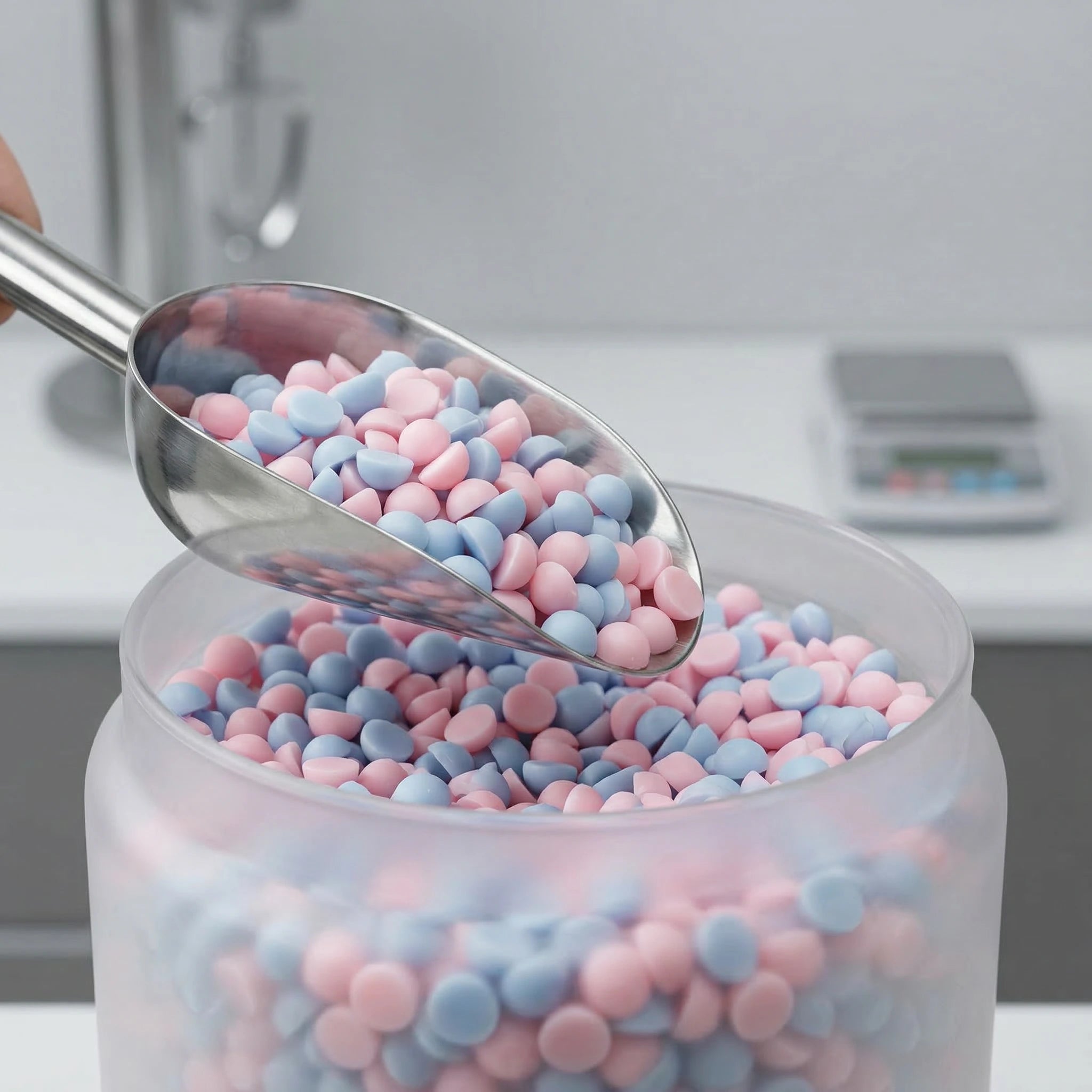 Små rosa og blå duftvokskuler i et stort glass. En liten spade tar ut voks fra glasset. Håndlaget duftvoks med duft av sukkerspinn. Denne voksen heter barnas favoritt