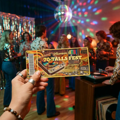 Invitasjon til 70-tallsfest med egen tekst og tid, dato og sted. Kortene er foliert i gull eller andre flotte farger. Designet som en inngangsbillett med strekkode. Kortene håndlages i Norge av Hjertelig AS.