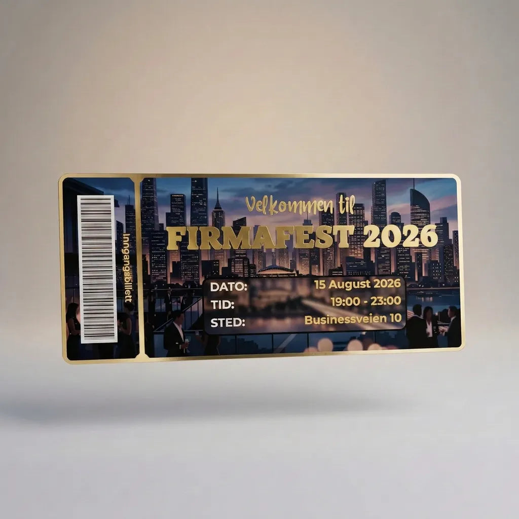 Et invitasjonskort til årets firmafest. Med strekkode og design som en inngangsbillett. Skriv inn din tekst med dato, tid og sted. Velg mellom flotte folieringsfarger og laminat i matt eller glossy. Håndlages i Norge