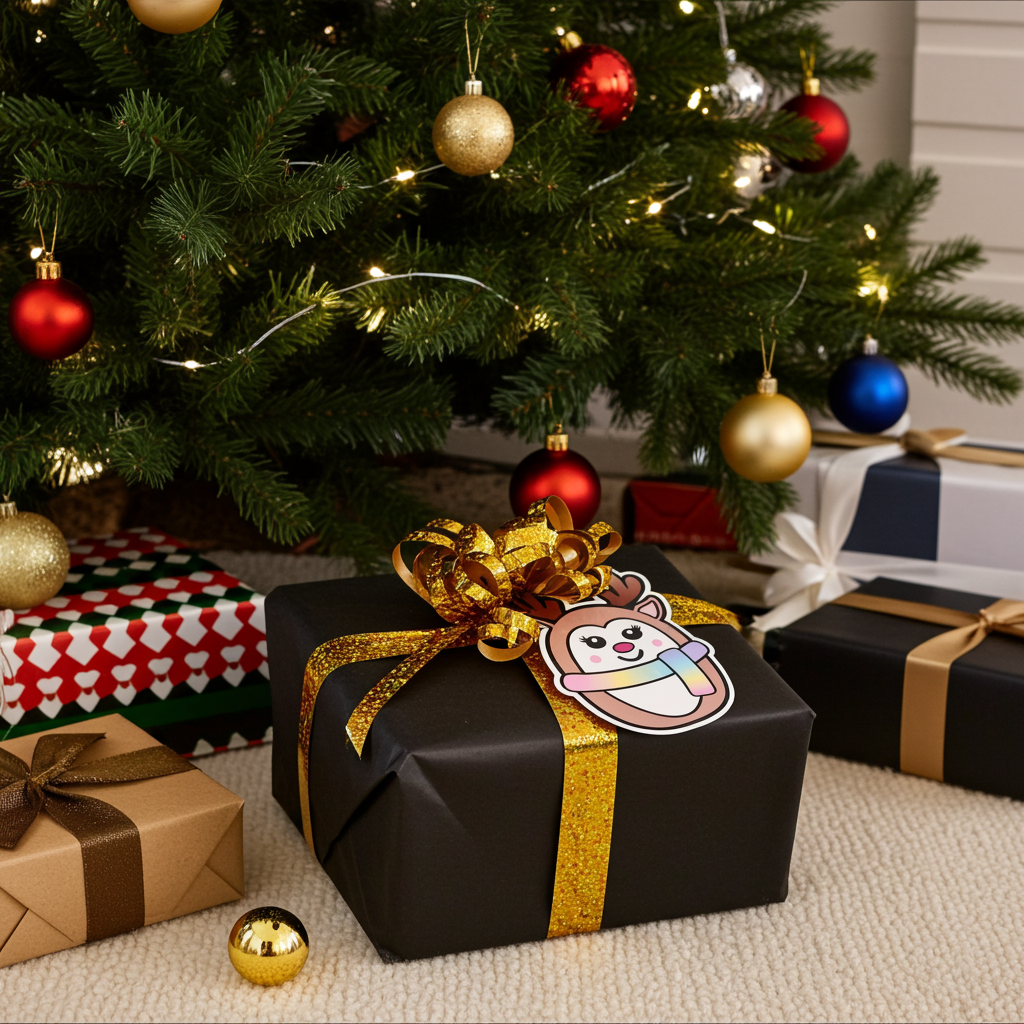 Gavelapp til julegavene. Gaven ligger under juletreet som er pyntet til jul, og gir julegaven et helt unikt utsende. Hjemmetlaget lapp som man skriver hvem gaven er til og fra på baksiden. Lappene som virkelig gir gavene det lille ekstra. Søt reinsdyr med skjerf på seg. 