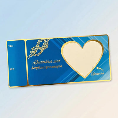 Blått kort med gullfoliert tekst og detaljer. Et gavekort med et skrapefelt for konfirmasjon. Skriv inn gaven du vil gi, og la konfirmanten skrape frem overraskelsen. En personlig og fin gave. Kortet er håndlaget i Norge.