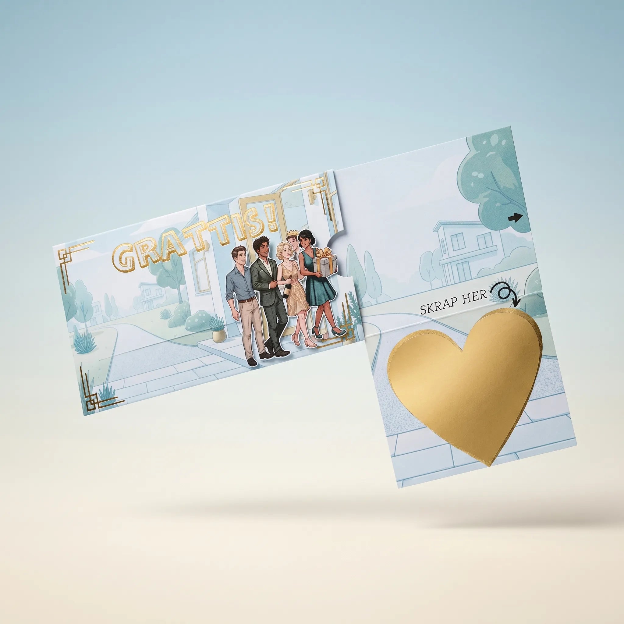 Et håndlaget gratulasjonskort og gavekort. Skriv inn din tekst og skriv inn hva du gir i gave under gullhjertet. Den heldige drar ut kortet og ser menneskene gå mot døren. Din tekst og skrapelappen kommer frem. Et interaktivt kort som håndlages i Norge.