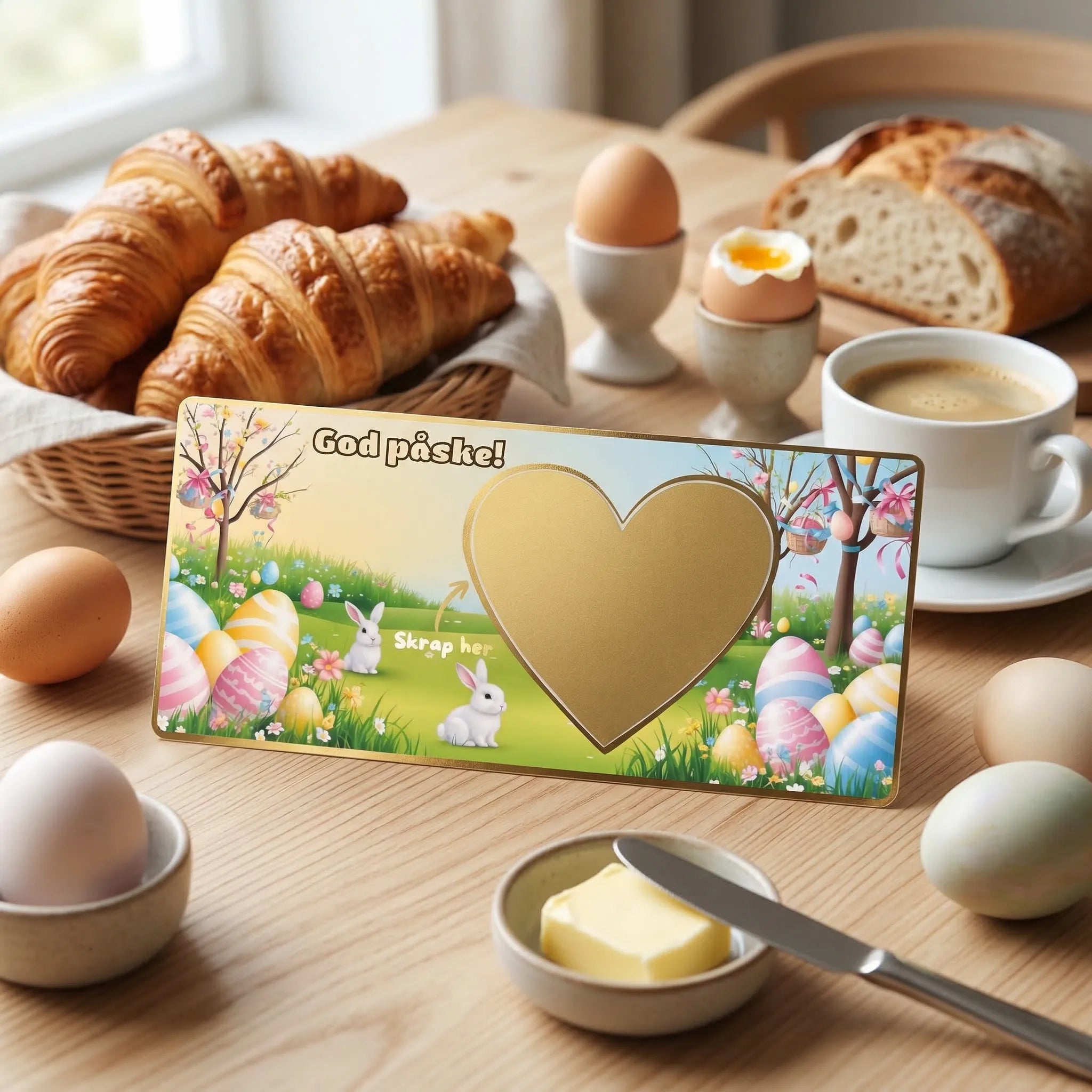 Et kort med påsketema med kaniner og påskeegg, med gullfolierte kanter og et skrapefelt formet som et hjerte i gull. Et kort der overraskelsen står skrevet bak gullhjerte. En personlig gave, som øker spenningen