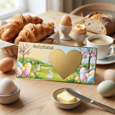 Et kort med påsketema med kaniner og påskeegg, med gullfolierte kanter og et skrapefelt formet som et hjerte i gull. Et kort der overraskelsen står skrevet bak gullhjerte. En personlig gave, som øker spenningen