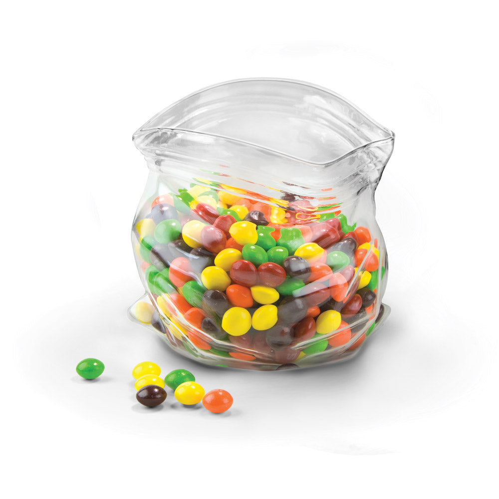 Ziplock bag glassbolle fylt med godteri. Stilig og unik bolle som skiller seg ut fra andre glass skåler. Denne skålen skaper god stemning og samtale emner. Fyll den med dine favoritter. En gave som skiller seg ut og gjør inntrykk. 