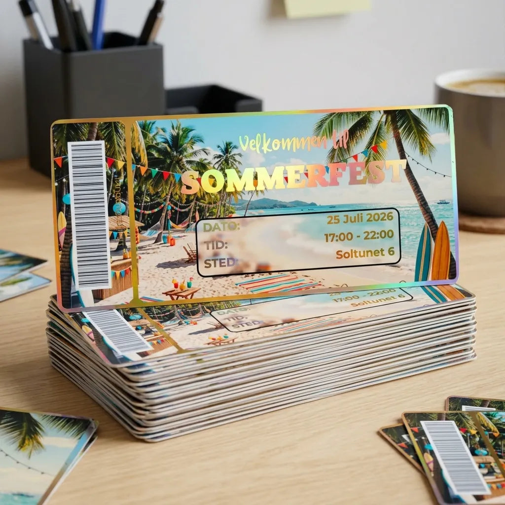 Invitasjoner til hagefest eller sommerfest. Mange invitasjoner i en bunke. Kortet kommer i ønsket tekst. Velg mellom flotte farger med foliering. Innbydelsene kan lamineres i matt eller glossy. Alle kort er håndlaget i Norge av Hjertelig AS