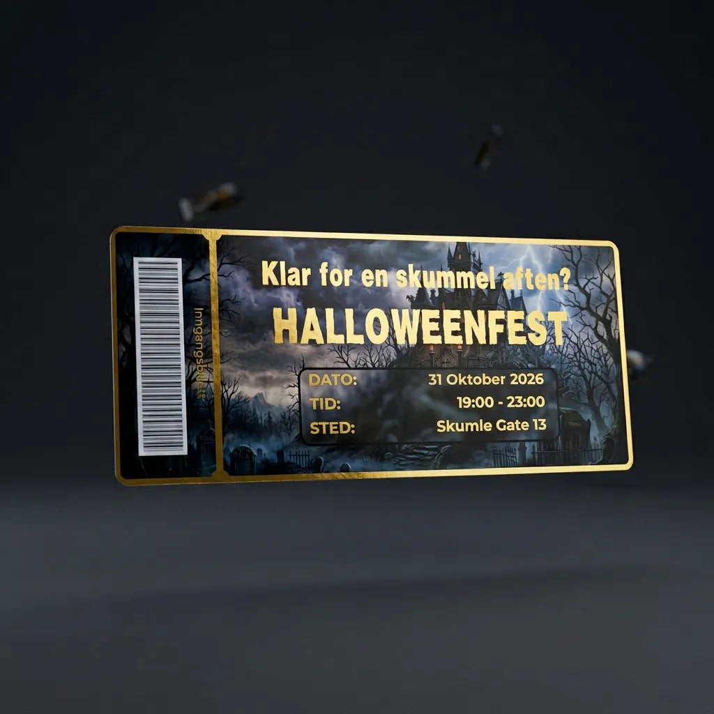 Invitasjon til halloween fest, designet som en inngangsbillett. Kortet har en mørk bakgrunn av en gammel kirkegård og et slott. Teksten er gullfoliert. Kortet har en egen strekkode for å fremstå som en inngangsbillett. 
