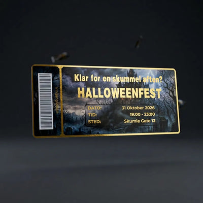 Invitasjon til halloween fest, designet som en inngangsbillett. Kortet har en mørk bakgrunn av en gammel kirkegård og et slott. Teksten er gullfoliert. Kortet har en egen strekkode for å fremstå som en inngangsbillett. 